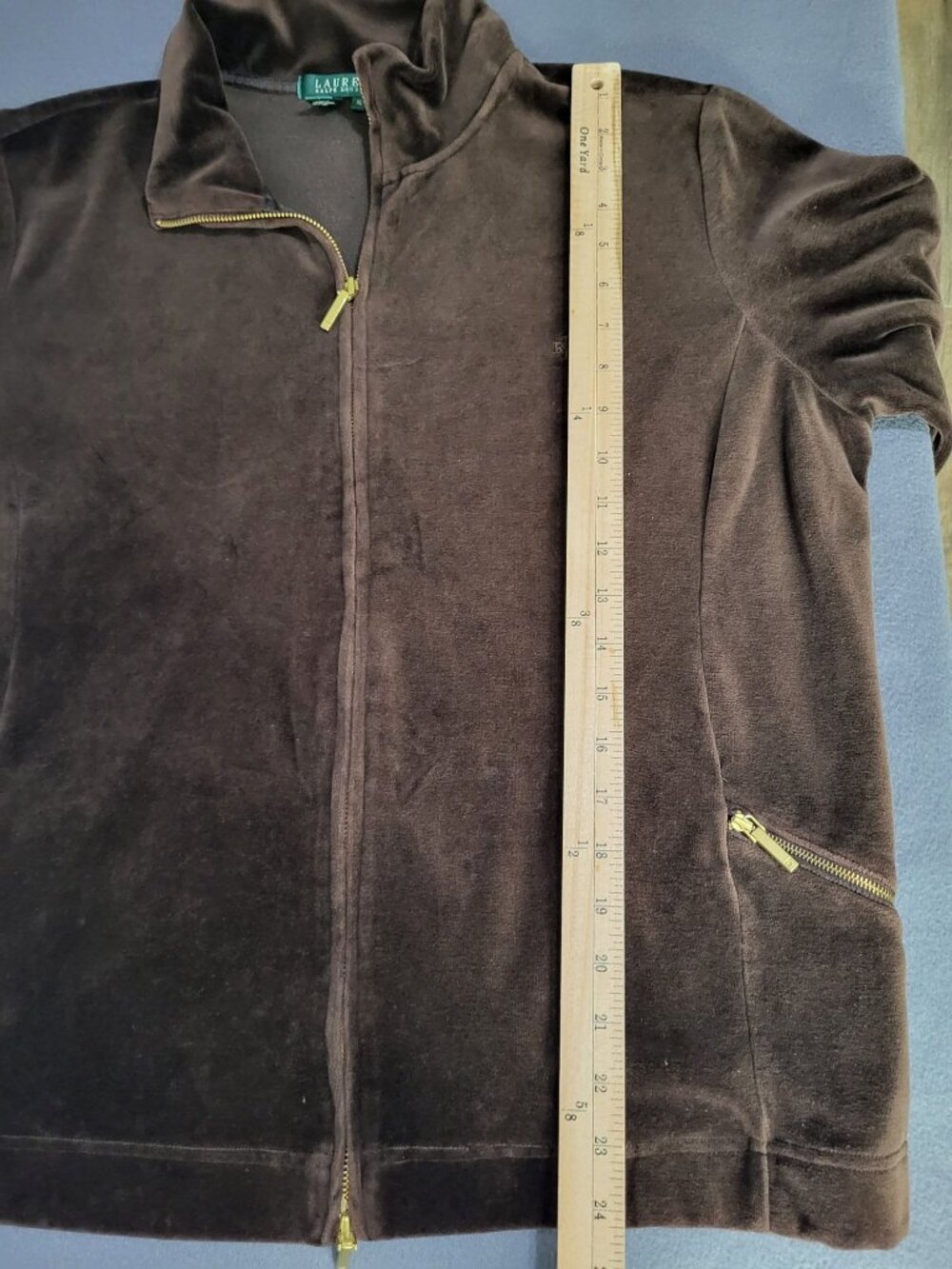 Lauren Ralph Lauren Womens XL Velour Zip Track Jacket Gold Trim y2k Brown - Picture 6 of 8